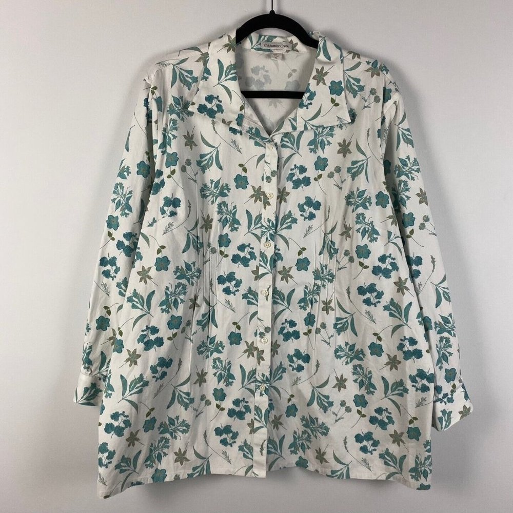 Coldwater Creek Button Up White Floral Long Sleeve Shirt Stretch Size 2X